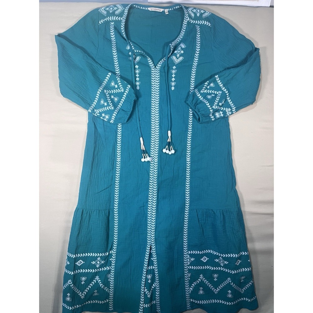 Soft Surroundings Teal Blue Embroidered Gauze Tunic Dress Tassel Tie L Boho Chic
